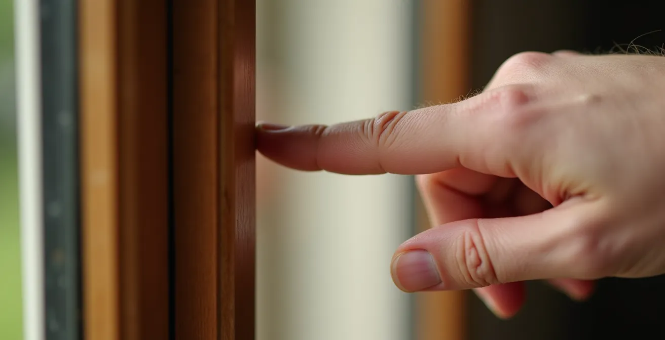 Plan rapproché d'une main détectant des vibrations sur un cadre de fenêtre en bois