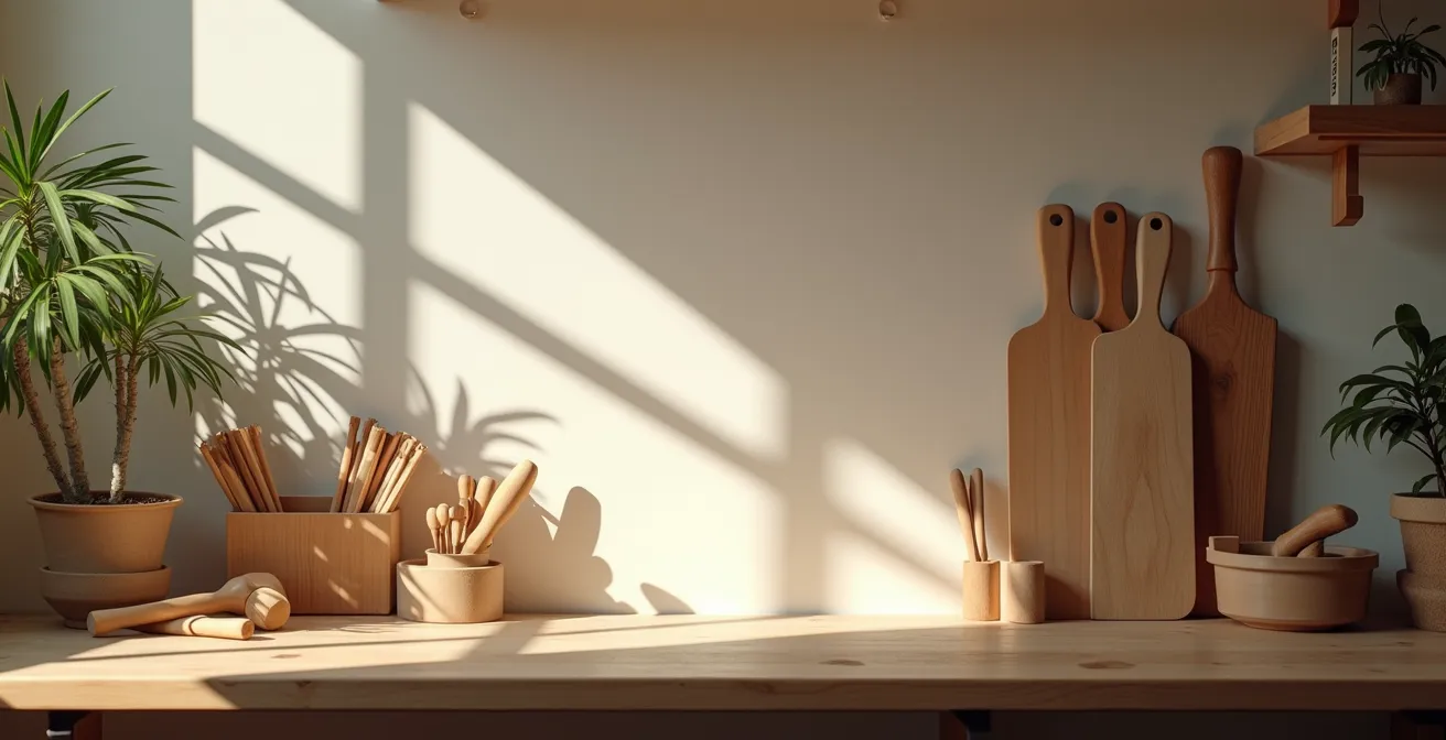 Préparation méthodique des outils par un artisan menuisier avant intervention
