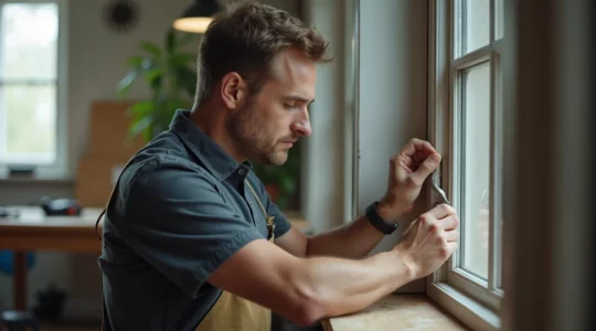 Artisan menuisier inspectant une fenêtre intérieure avec lumière naturelle, pour détecter les signes d'usure