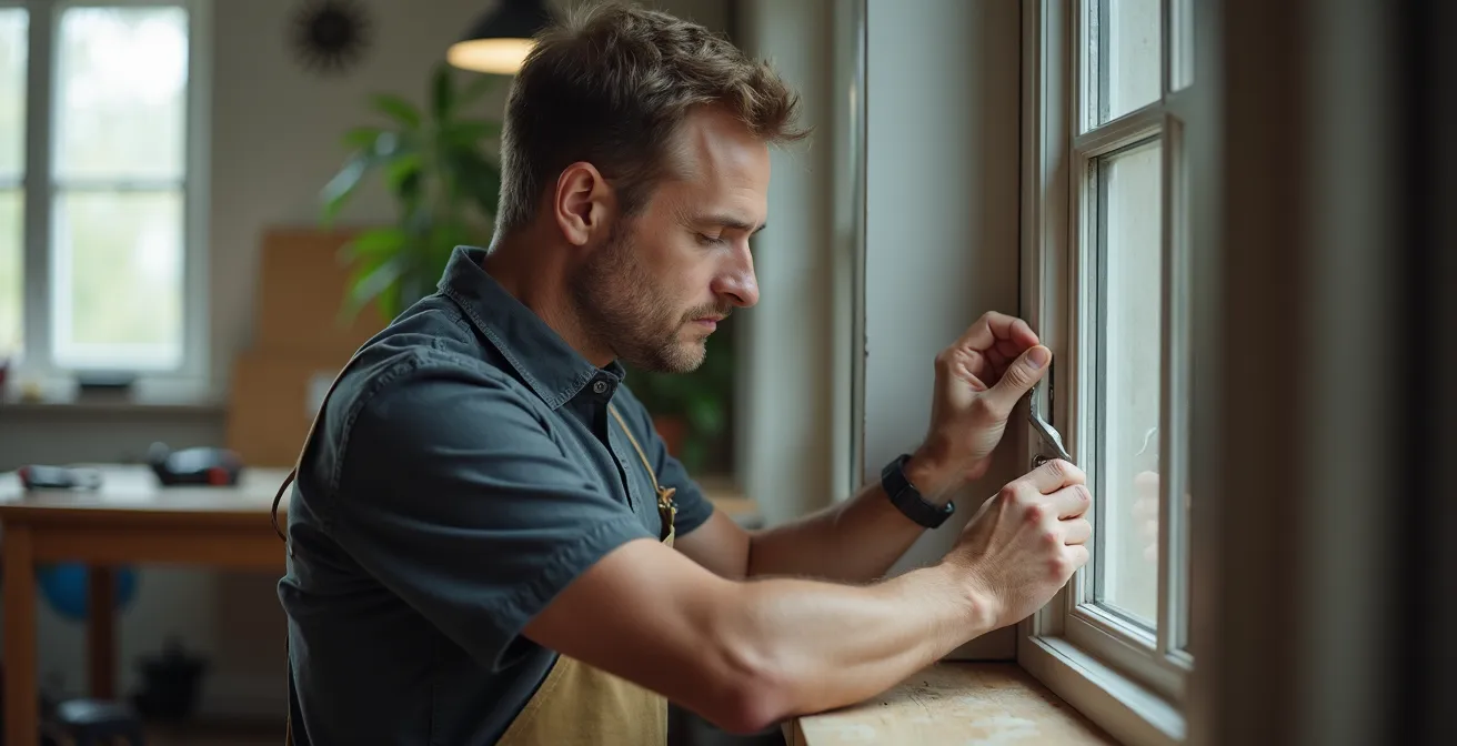 Artisan menuisier inspectant une fenêtre intérieure avec lumière naturelle, pour détecter les signes d'usure