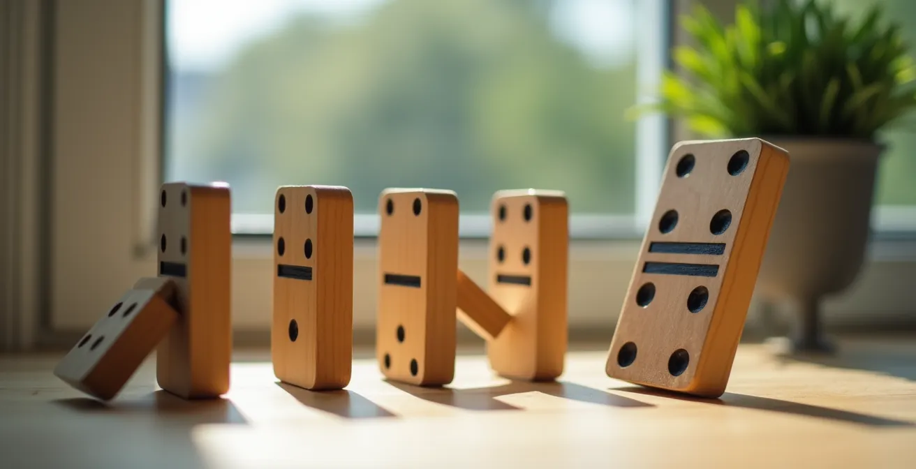 Métaphore visuelle de dominos représentant les effets en chaîne d’un défaut de menuiserie ignoré