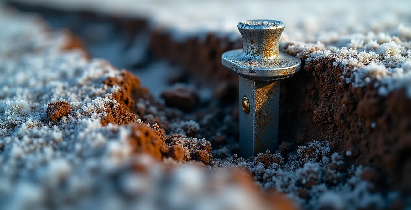 Vue en coupe d'un ancrage d'escalier métallique montrant la profondeur sous ligne de gel