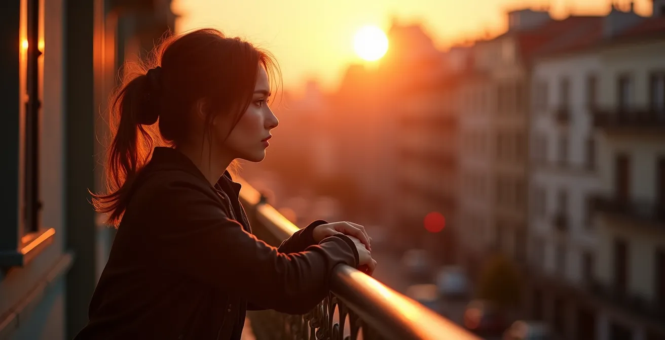 Personne profitant d'un balcon métallique moderne au coucher du soleil