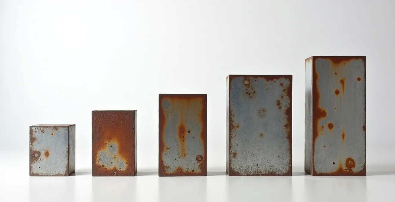 Échantillons métalliques montrant différents traitements après exposition hivernale