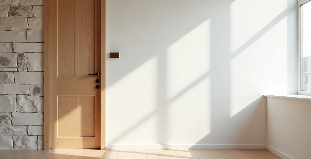 Intérieur épuré avec portes aux poignées en bois naturel et mur de pierre