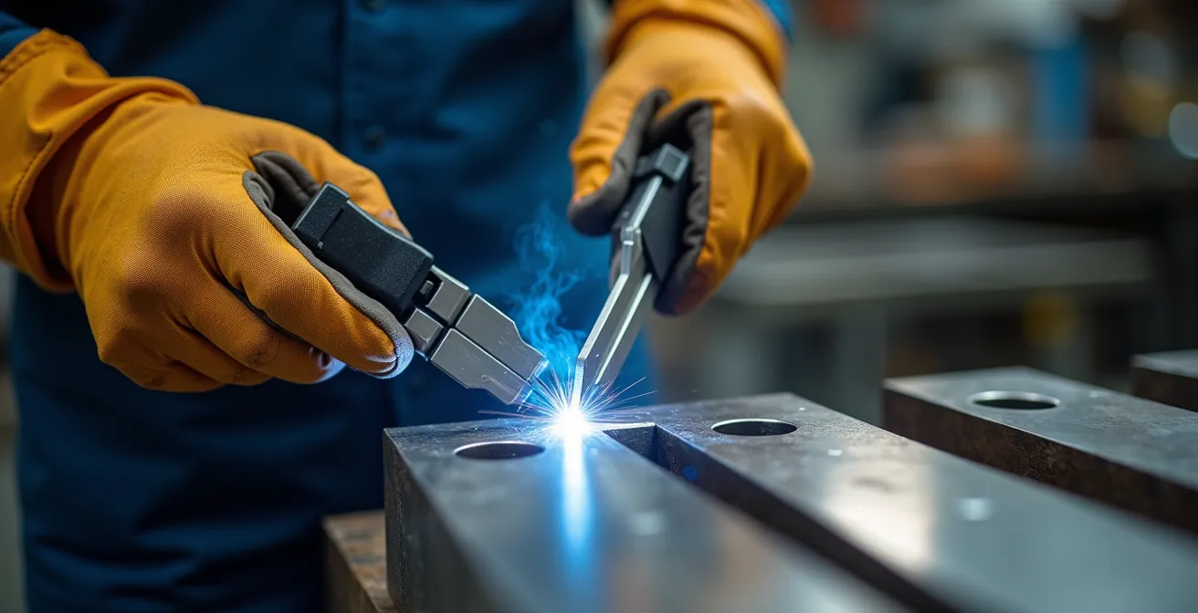 Inspection professionnelle d'une soudure d'escalier métallique avec équipement spécialisé