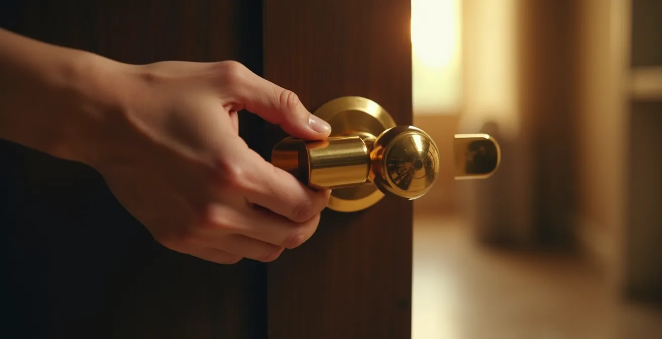 Main saisissant une poignée de porte en laiton doré dans un intérieur moderne