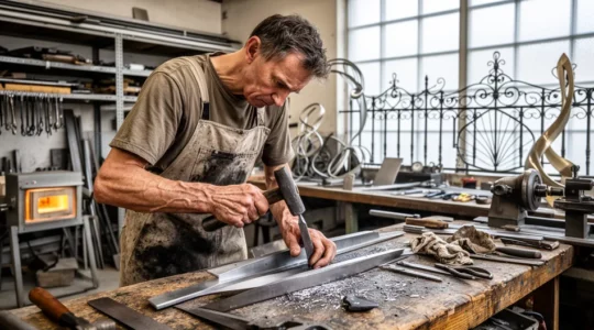 Artisan métallier travaillant sur une pièce d'acier dans son atelier