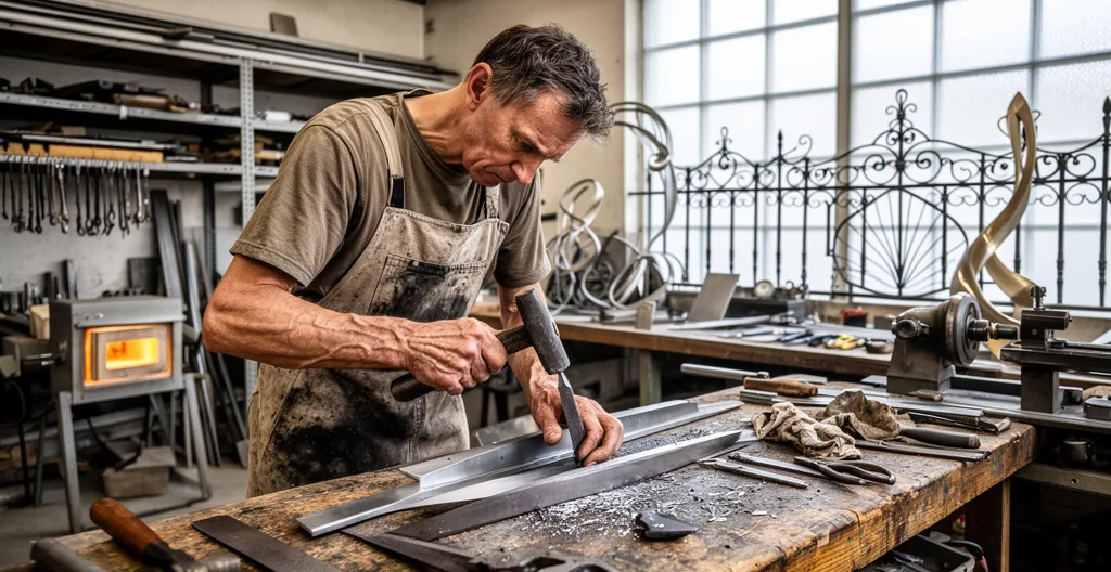 Artisan métallier travaillant sur une pièce d'acier dans son atelier