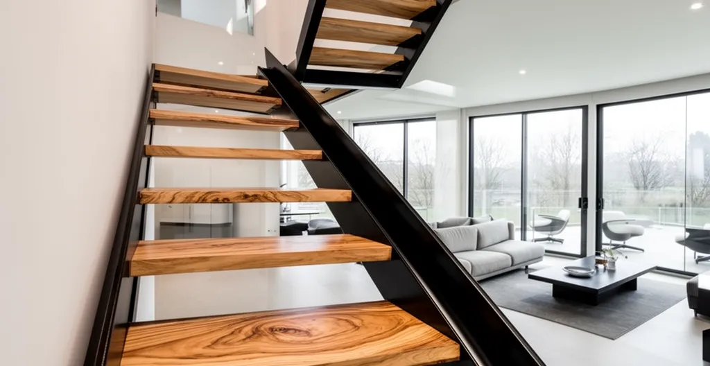 Escalier métallique moderne avec limon central dans un salon lumineux