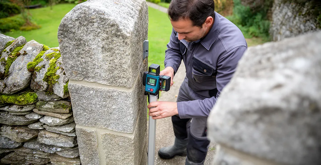 Artisan mesurant le dénivelé avec un niveau laser devant un pilier de portail