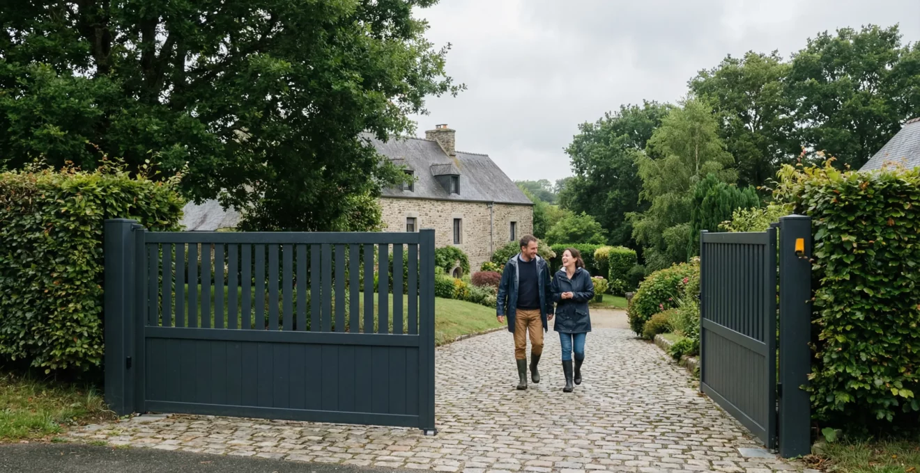 Portail aluminium sur terrain en pente à l'entrée d'une propriété bretonne