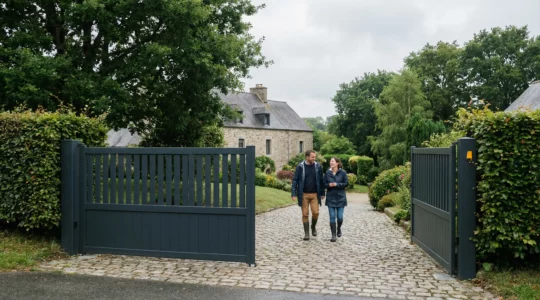 Portail aluminium sur terrain en pente à l'entrée d'une propriété bretonne