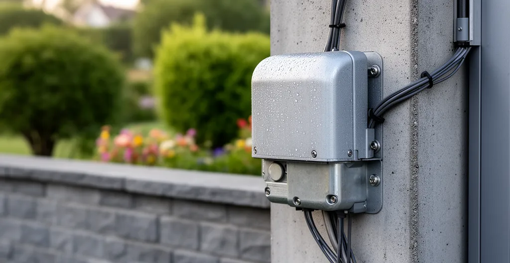 Motorisation de portail coulissant installée sur pilier avec câbles rangés