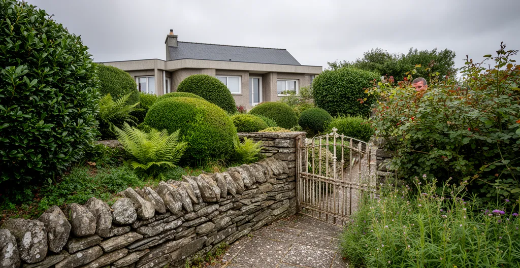 Mesure de dénivelé sur un terrain en pente dans un lotissement du Morbihan