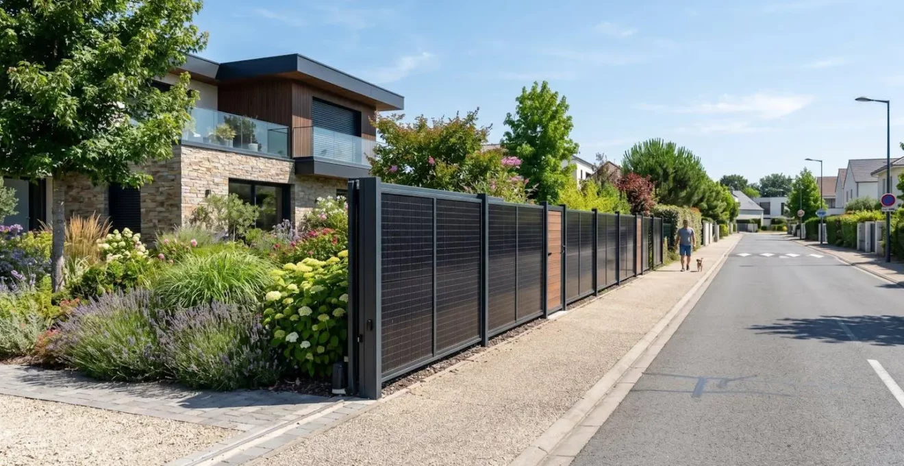 Vue large d'une clôture solaire en aluminium avec panneaux photovoltaïques intégrés longeant un jardin résidentiel français contemporain