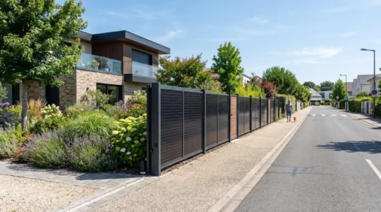 Vue large d'une clôture solaire en aluminium avec panneaux photovoltaïques intégrés longeant un jardin résidentiel français contemporain