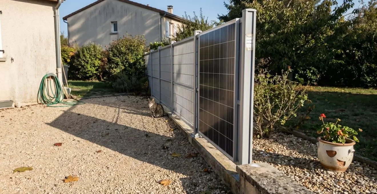 Gros plan détaillé sur les cellules photovoltaïques d'un panneau solaire intégré dans un profilé aluminium de clôture moderne