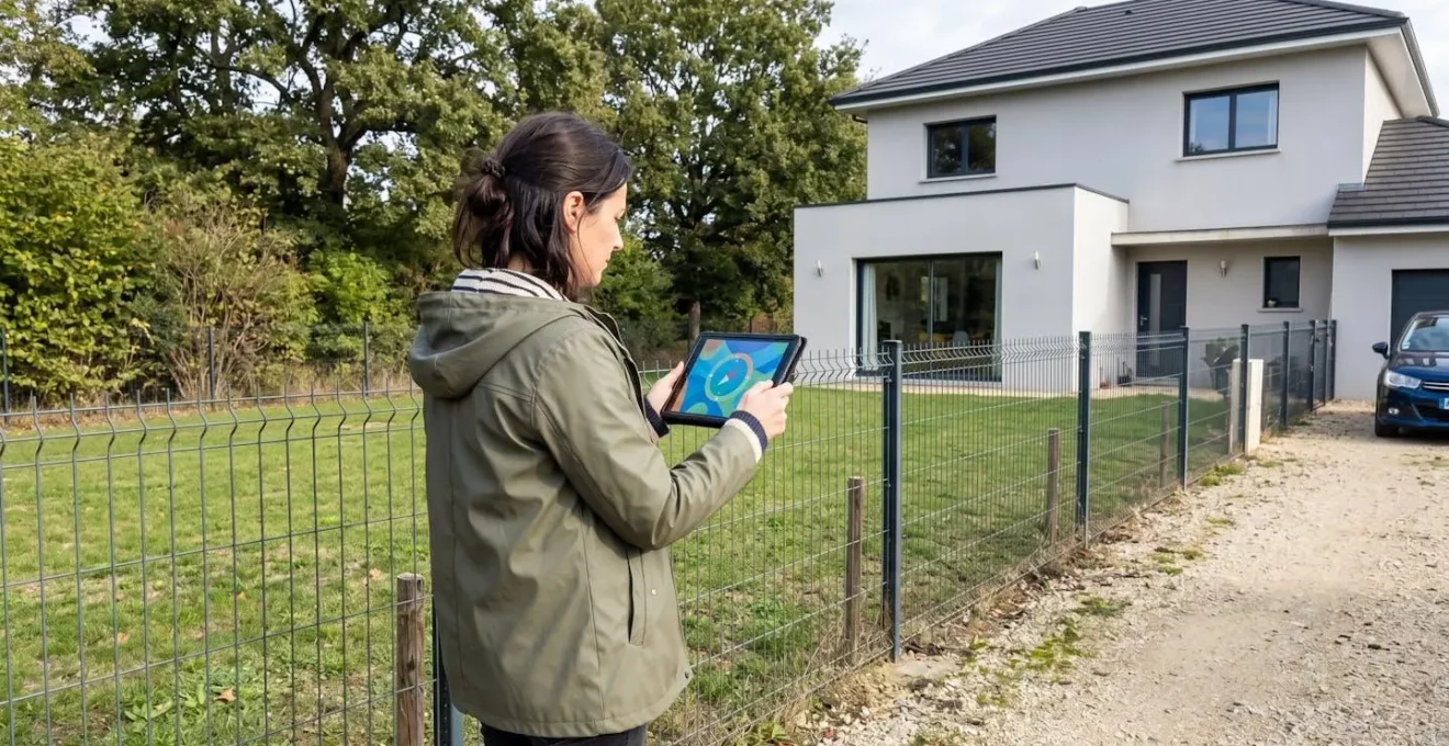 Propriétaire vu de dos consultant une tablette devant son terrain résidentiel pour évaluer l'orientation avant installation clôture solaire
