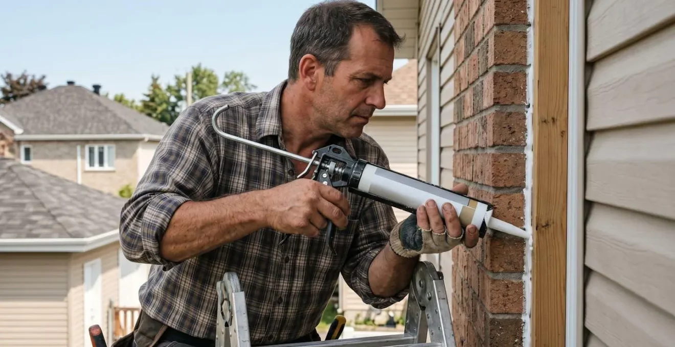 Mains d'un professionnel appliquant un cordon de scellant frais avec un pistolet à calfeutrer sur le joint d'une fenêtre résidentielle québécoise, en extérieur durant l'été