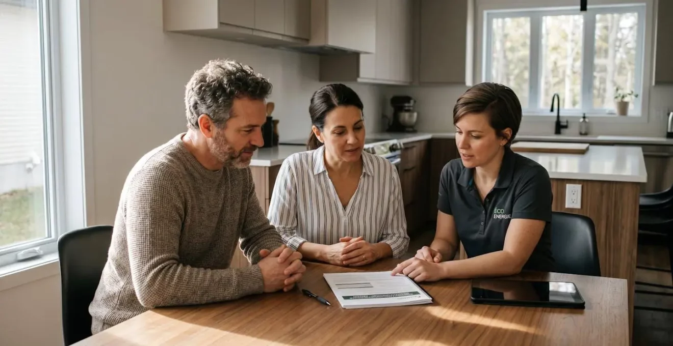 Couple de propriétaires et évaluateur énergétique consultant ensemble un rapport d'évaluation pré-travaux à table dans cuisine résidentielle contemporaine québécoise, lumière naturelle