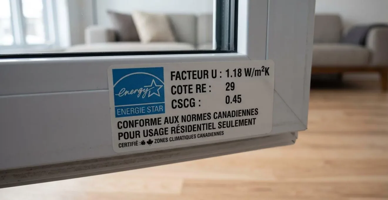 Gros plan étiquette certification Energy Star Canada sur fenêtre neuve affichant facteur U 1.18, cote ER 29 et coefficient SHGC 0.45
