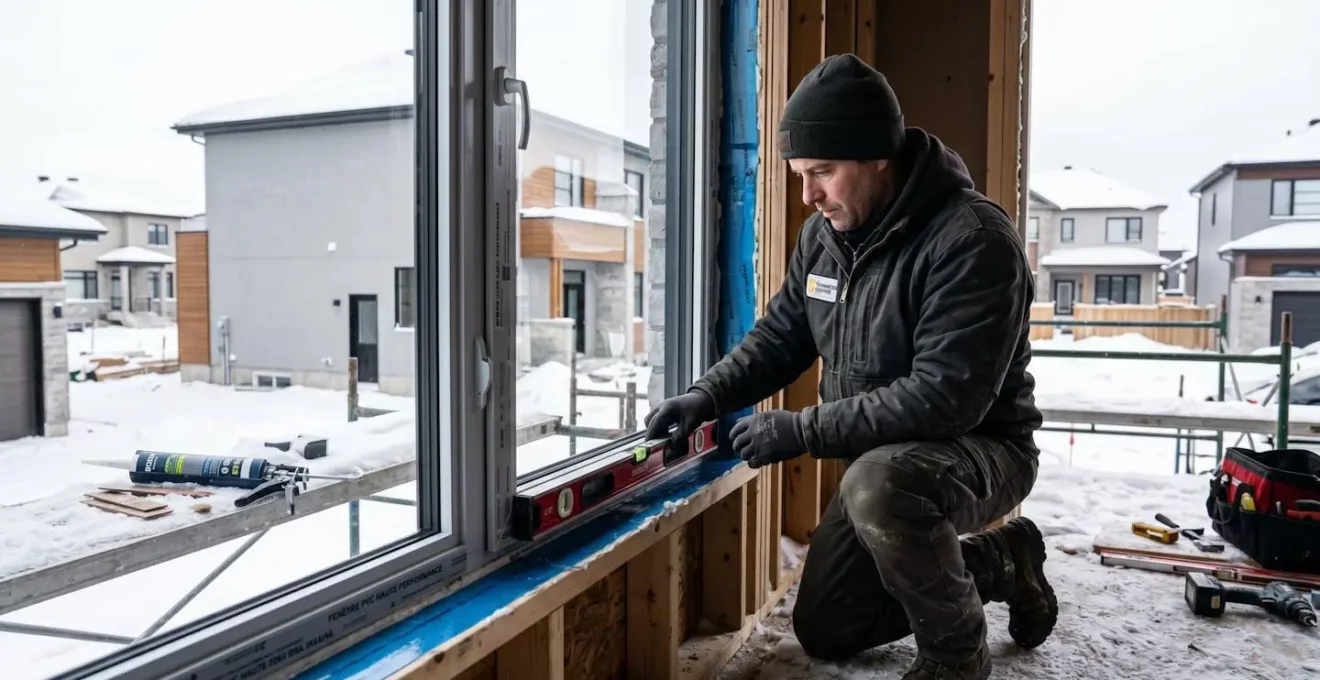 Technicien certifié installant une fenêtre haute performance PVC sur chantier résidentiel hivernal Rive-Sud Montréal, focus geste professionnel vérification niveau et étanchéité