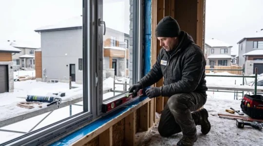 Technicien certifié installant une fenêtre haute performance PVC sur chantier résidentiel hivernal Rive-Sud Montréal, focus geste professionnel vérification niveau et étanchéité