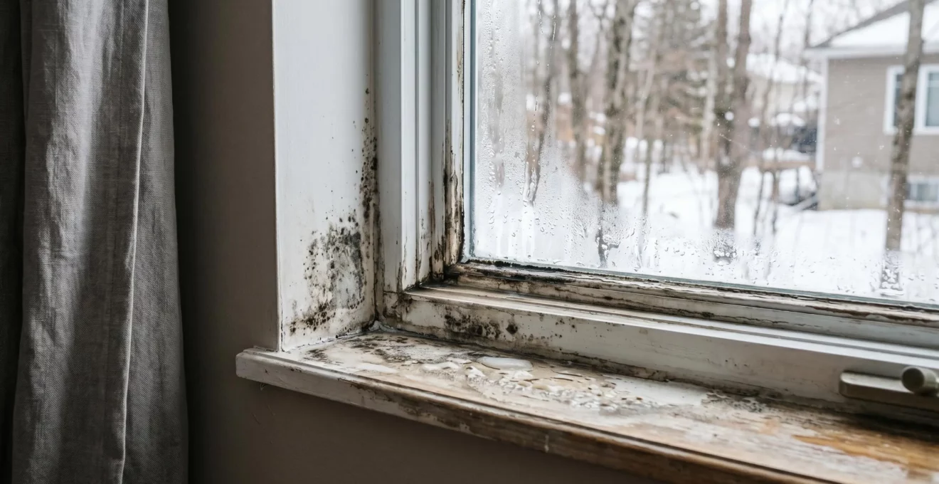 Traces d'humidité et début de moisissures noires sur le rebord intérieur d'une fenêtre résidentielle, avec condensation visible sur la vitre, dans un intérieur québécois contemporain
