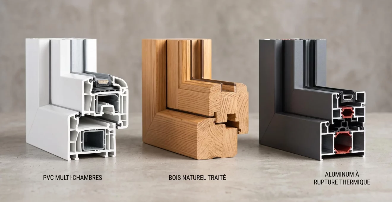 Trois échantillons cadres fenêtres côte à côte : PVC blanc multichambre, bois naturel traité et aluminium à rupture de pont thermique, détails techniques visibles