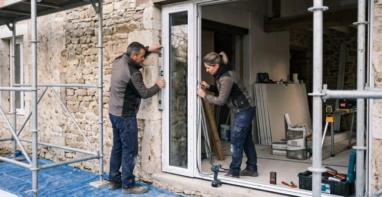 Deux artisans installent une fenêtre PVC sur mesure dans une ouverture de mur en pierre sur un chantier de rénovation, avec outils professionnels et échafaudage visibles