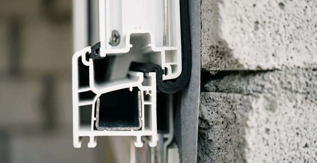 Gros plan sur le joint d'étanchéité EPDM noir d'une fenêtre PVC en cours de compression contre un mur en béton, révélant la structure multi-chambres du profilé