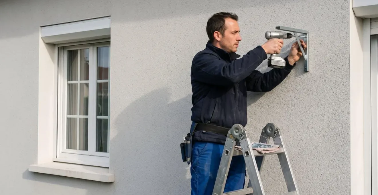 Personne en train de fixer les supports muraux d'un store banne motorisé sur une façade contemporaine française, geste de vissage précis, installation en cours