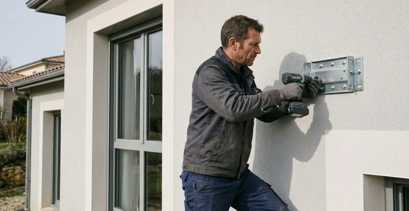 Personne en train de fixer les supports muraux d'un store banne motorisé sur une façade contemporaine française, geste de vissage précis, installation en cours