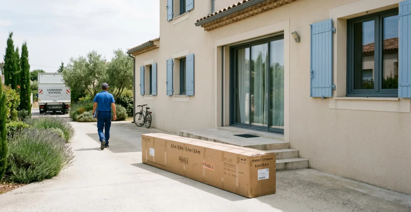 Grand carton d'emballage volumineux contenant un store banne motorisé livré devant l'entrée d'une maison individuelle française, étape livraison à domicile