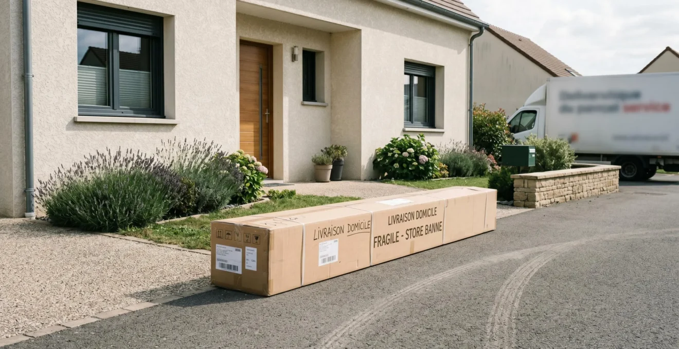 Grand carton d'emballage volumineux contenant un store banne motorisé livré devant l'entrée d'une maison individuelle française, étape livraison à domicile
