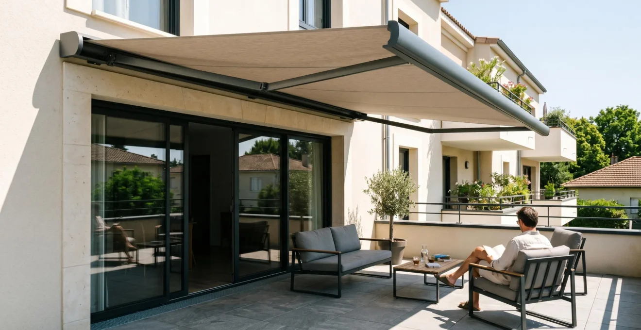 Store banne motorisé à coffre intégral déployé au-dessus d'une terrasse résidentielle contemporaine, toile beige créant une zone d'ombre sur le mobilier de jardin, architecture française typique