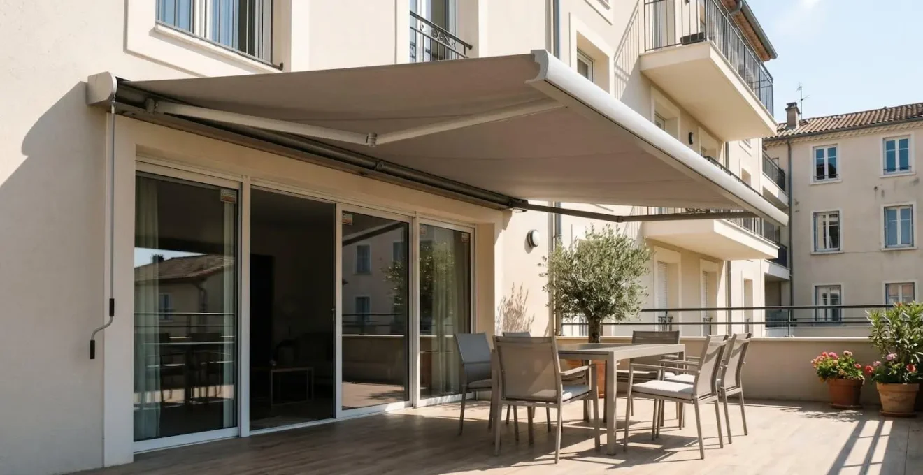 Store banne motorisé à coffre intégral déployé au-dessus d'une terrasse résidentielle contemporaine, toile beige créant une zone d'ombre sur le mobilier de jardin, architecture française typique