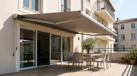 Store banne motorisé à coffre intégral déployé au-dessus d'une terrasse résidentielle contemporaine, toile beige créant une zone d'ombre sur le mobilier de jardin, architecture française typique