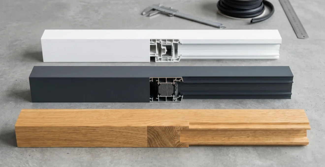 Trois échantillons de profilés de fenêtre disposés horizontalement : PVC blanc lisse en haut, aluminium gris anthracite au centre, bois de chêne naturel en bas, sur surface béton avec outils de mesure floutés